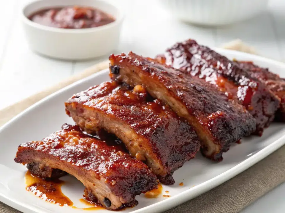 Glazed sticky barbecue pork ribs on a platter with a bowl of sauce behind them