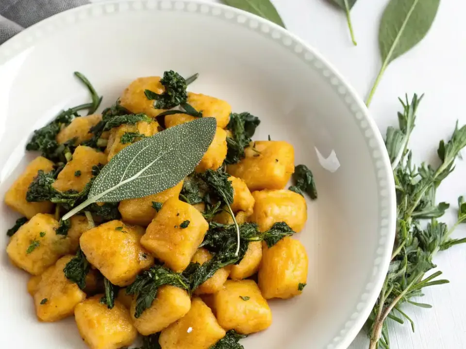A white bowl of small orange pumpkin gnocchi lightly golden and tossed with dark wilted kale, a sage leaf on top, with fresh herbs and olive oil on the table