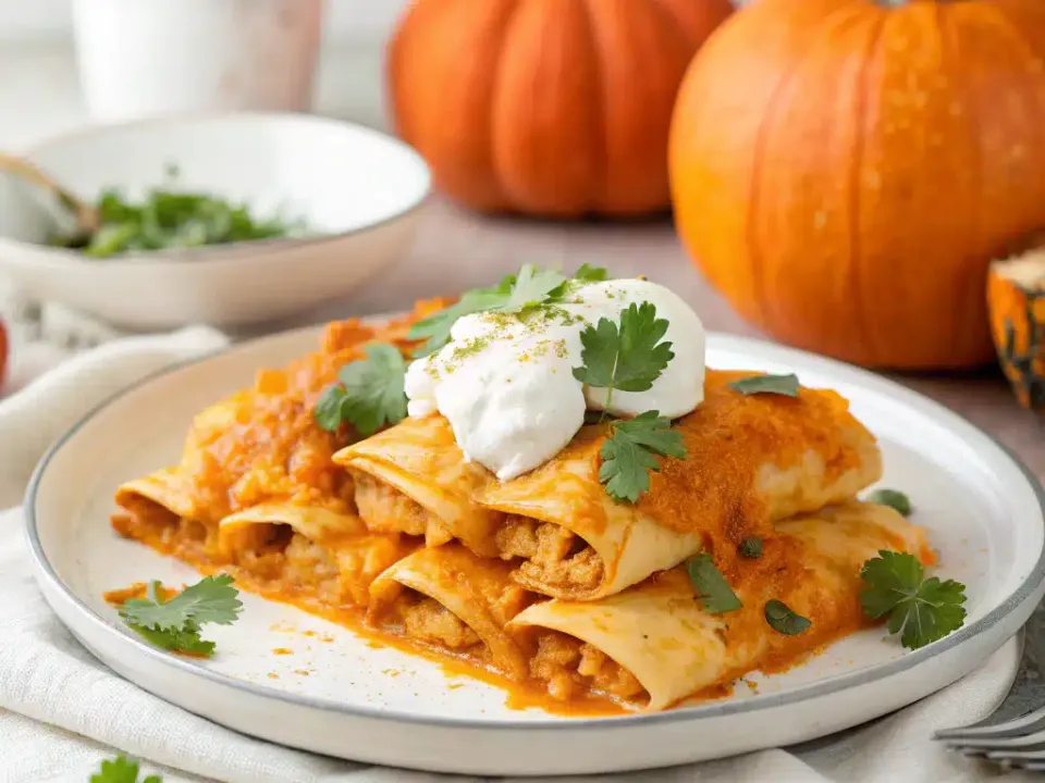 Baked chicken pumpkin enchiladas topped with melted cheese and cilantro