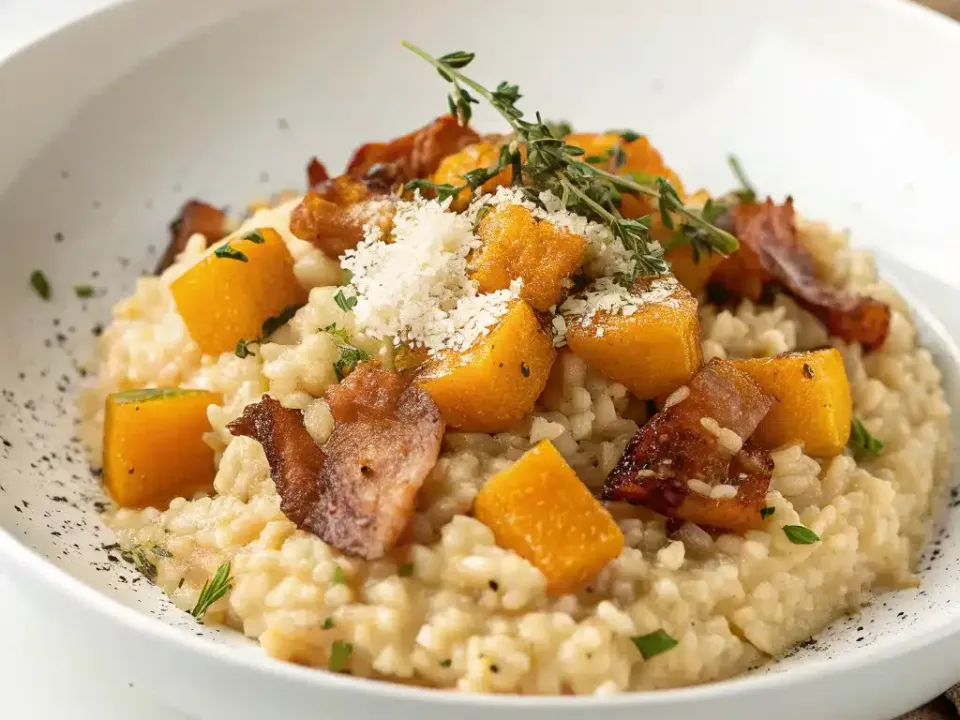 A white bowl of creamy risotto topped with cubes of roasted orange pumpkin, crisp bacon pieces, finely grated Parmesan and a thyme sprig