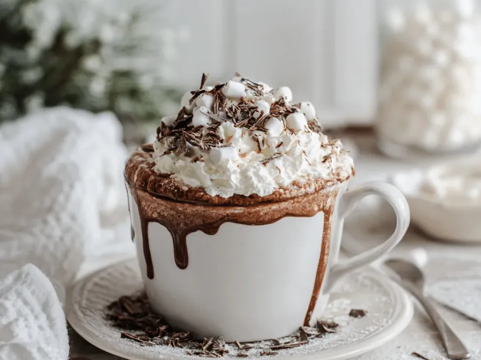 A mug of hot chocolate topped with whipped cream, mini marshmallows and chocolate shavings