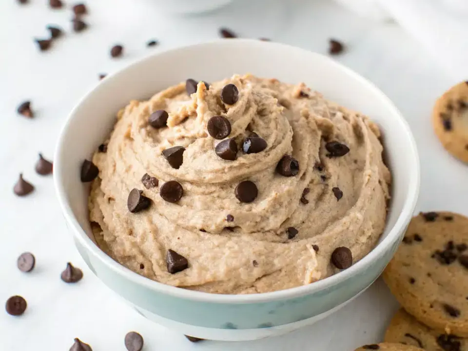 Bowl of whipped cookie dough dip topped with mini chocolate chips