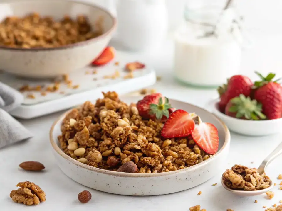 Golden granola clusters with visible nuts and seeds in a speckled bowl, with fresh strawberries and a jar of milk behind