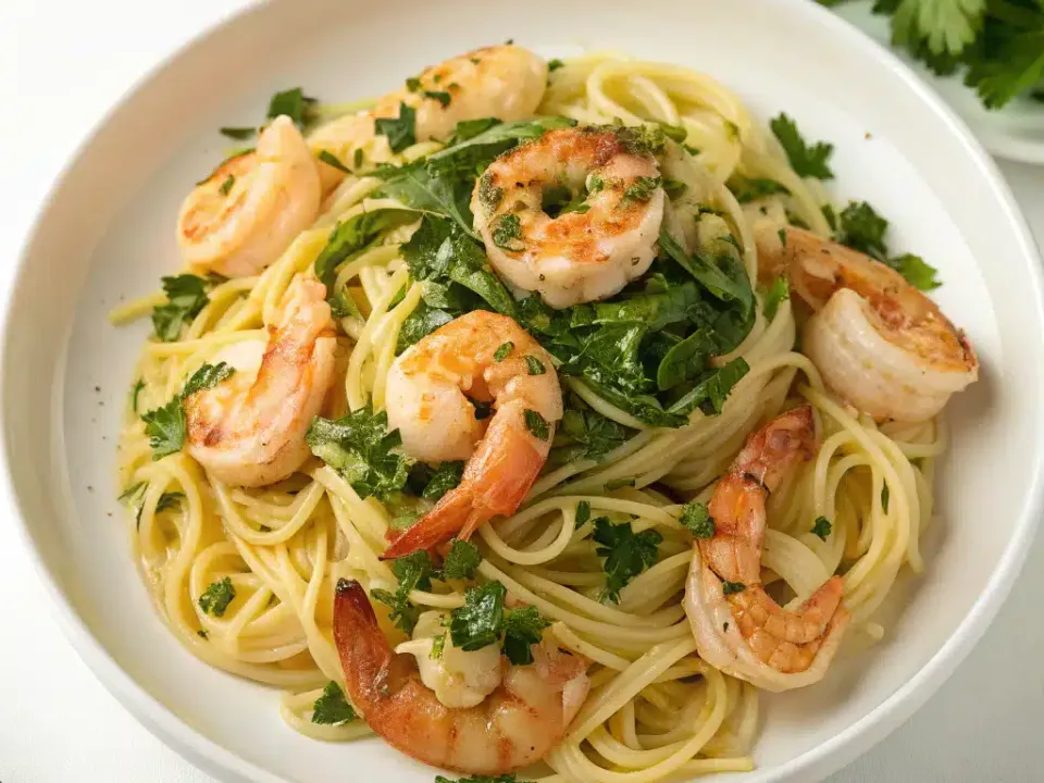 Long strand pasta coated in a glossy butter sauce with seared shrimp and flat-leaf parsley in a white bowl, a dish of parsley behind