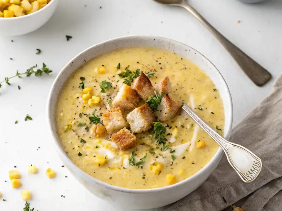 Bowl of creamy corn chowder topped with crisp bacon and chives