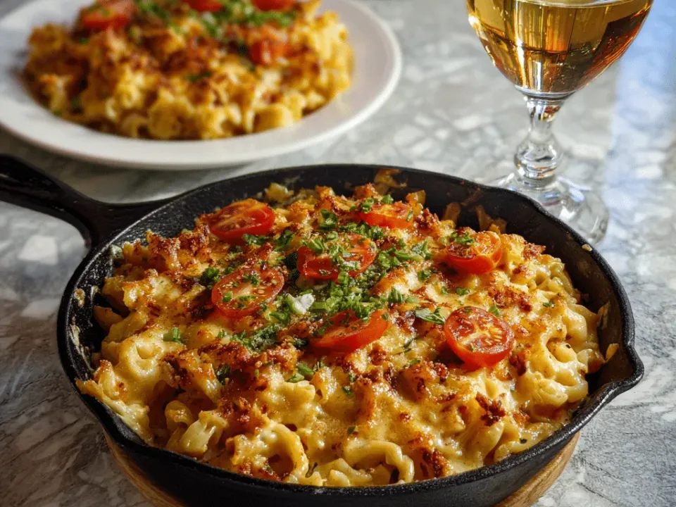 A cast-iron skillet of orange-tinted mac and cheese with visible diced tomato and parsley on top