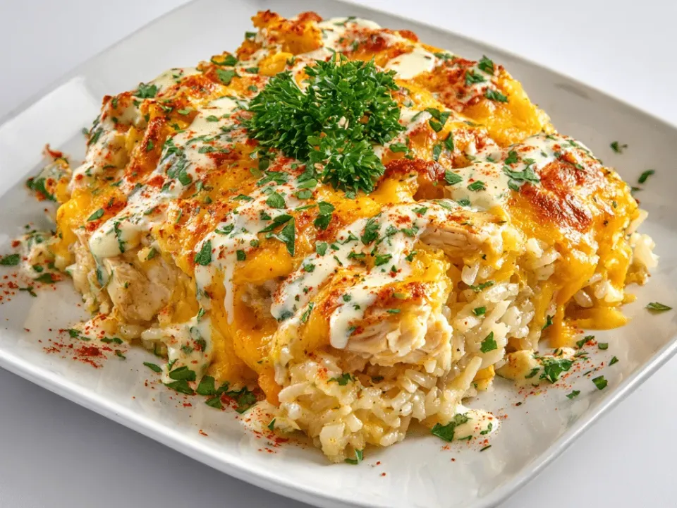 Serving of cheesy ranch chicken and rice bake with melted cheddar and parsley