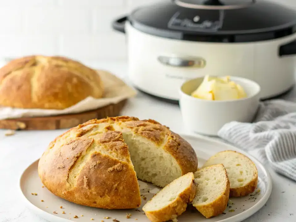 A round golden gluten-free loaf with a slashed top on a white plate, cut open to show an even pale crumb, with a slow cooker behind it