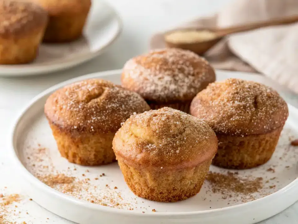 Apple cider muffins with tops rolled in cinnamon sugar, showing the coarse sugared crust of a cider donut