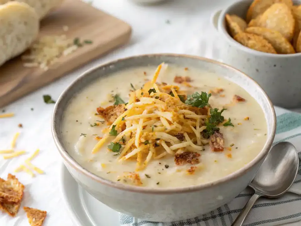 Bowl of creamy potato soup topped with cheddar, bacon and green onions