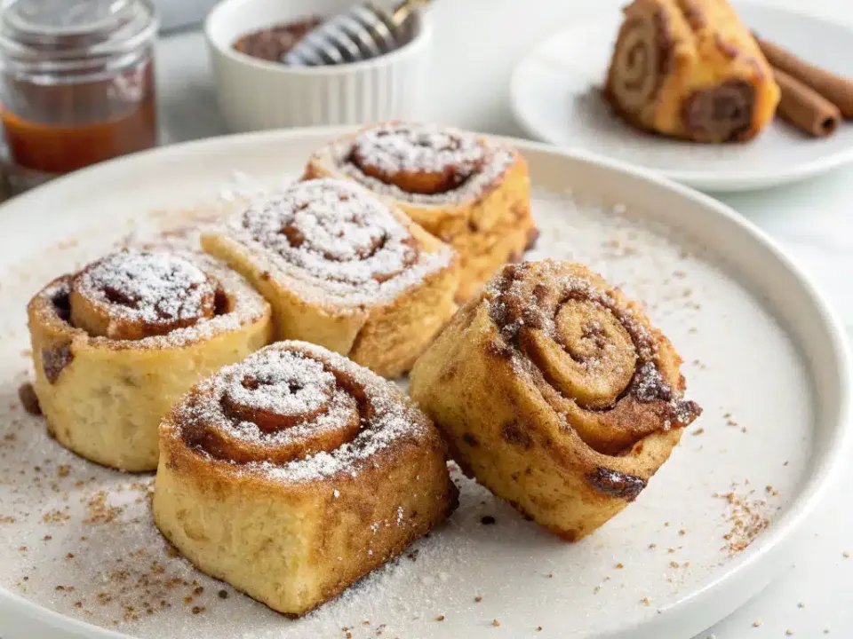 Golden cinnamon roll french toast bites dusted with cinnamon sugar on a pale plate, with a jar of syrup behind