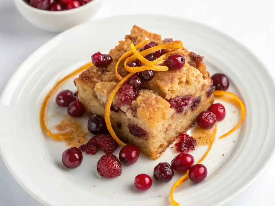 Cranberry orange bread pudding with orange glaze in a baking dish