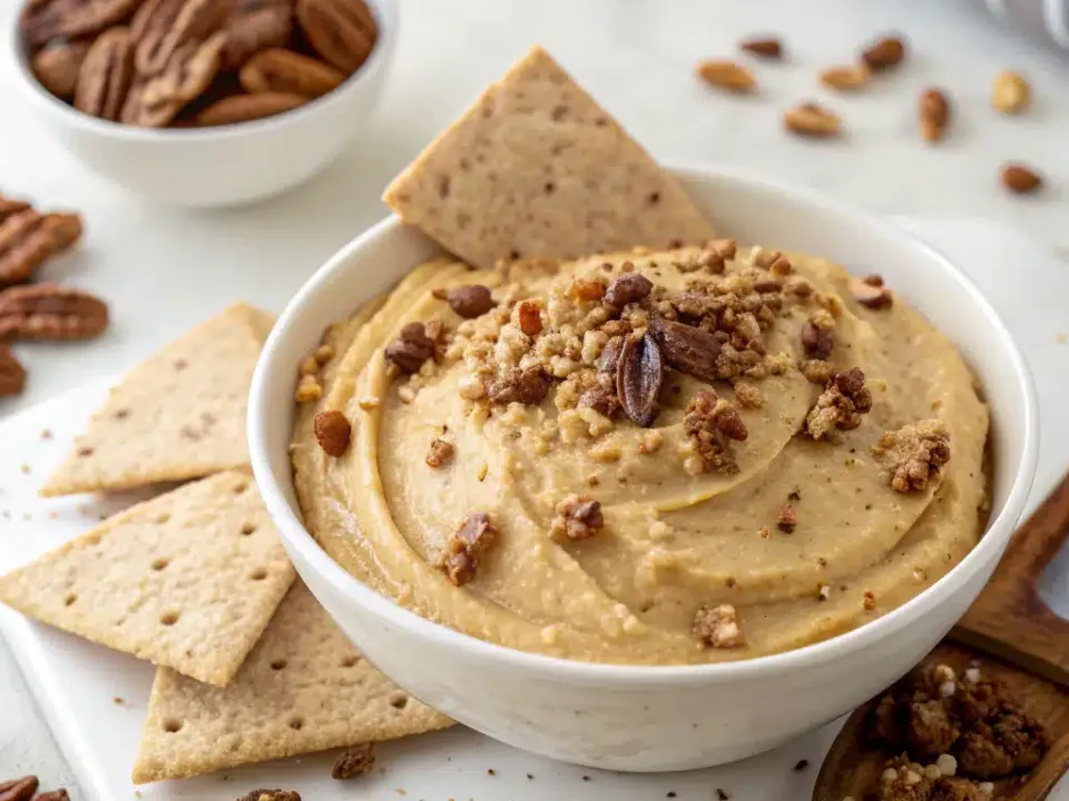 Bowl of pecan pie dip topped with toasted pecans, with cinnamon sugar tortilla chips alongside