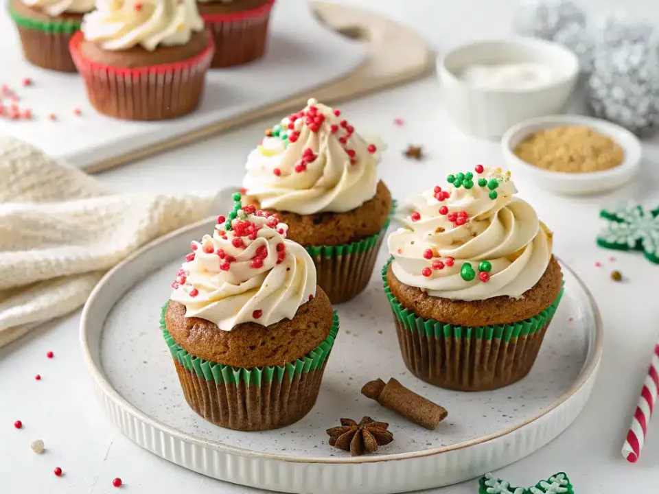 Gingerbread cupcakes piped with cream cheese frosting and sparkling sugar