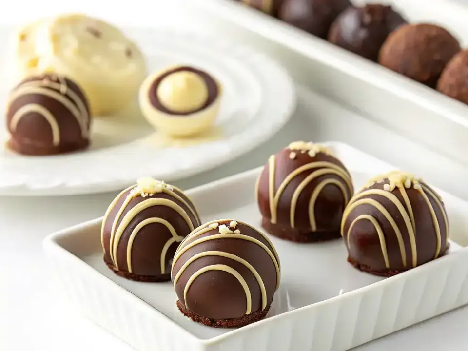 Round truffles enrobed in dark chocolate and decorated with pale yellow drizzle in arcs and a light sprinkle on top, on white dishes