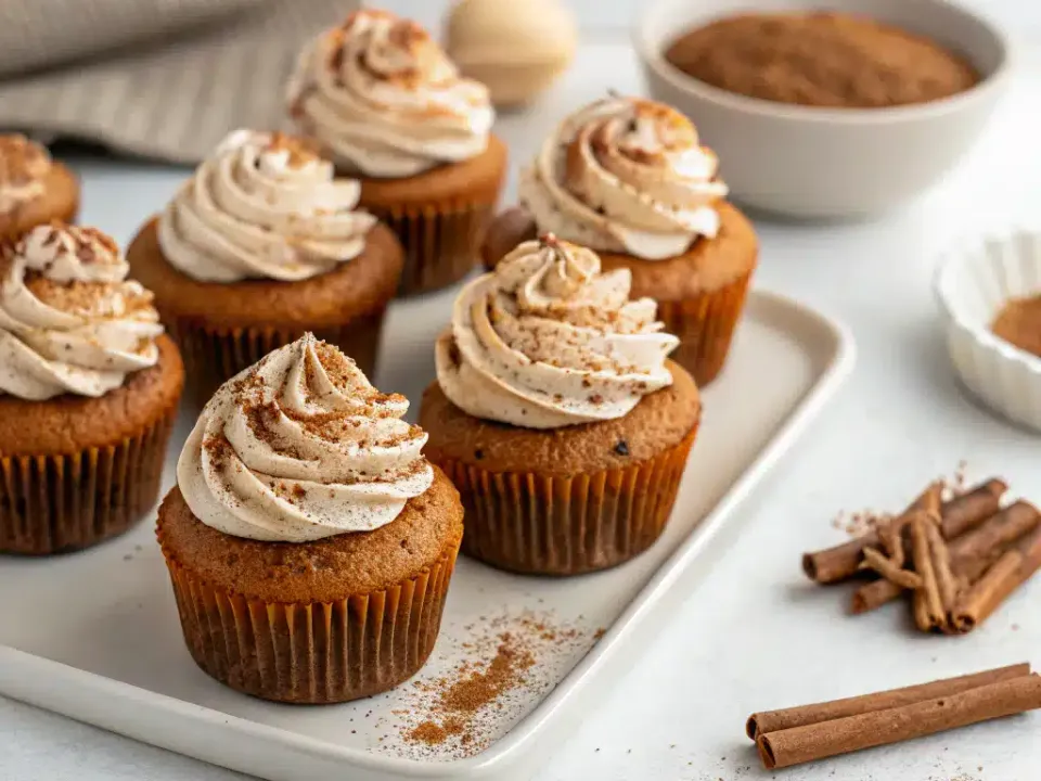 Pumpkin cupcakes in paper liners topped with thick piped swirls of cream cheese frosting dusted with ground spice