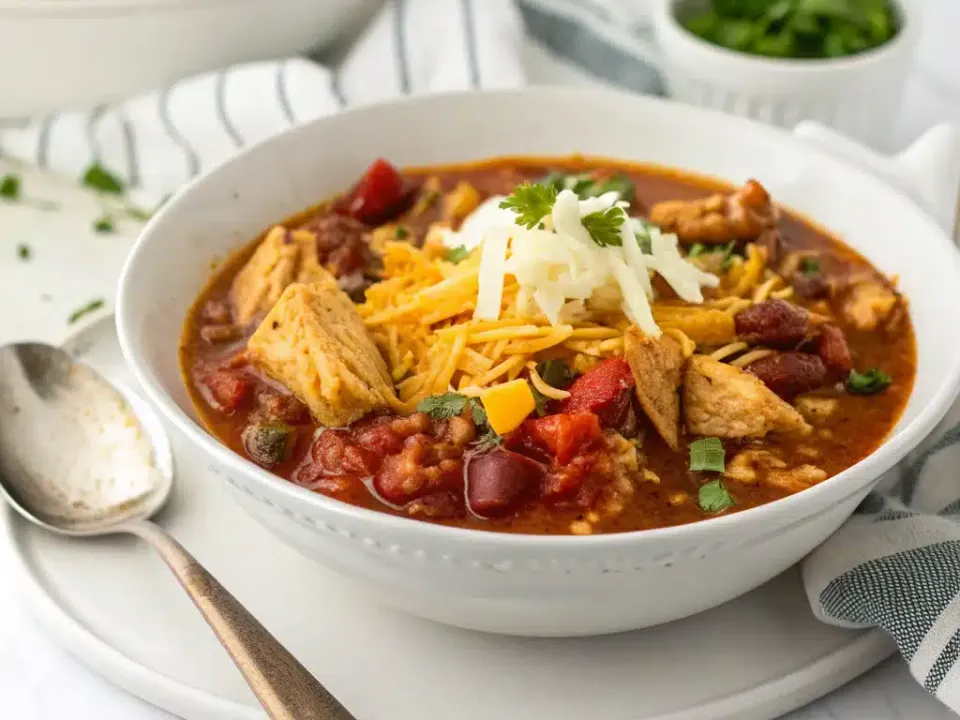 Bowl of creamy crack chicken chili topped with cheddar, bacon and green onions