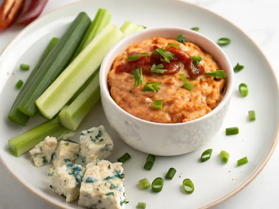 Creamy buffalo chicken dip in a slow cooker topped with green onions