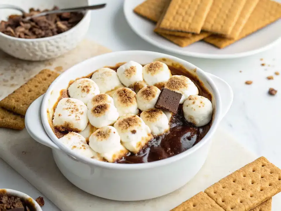 Skillet of s'mores dip with toasted marshmallows and graham crackers