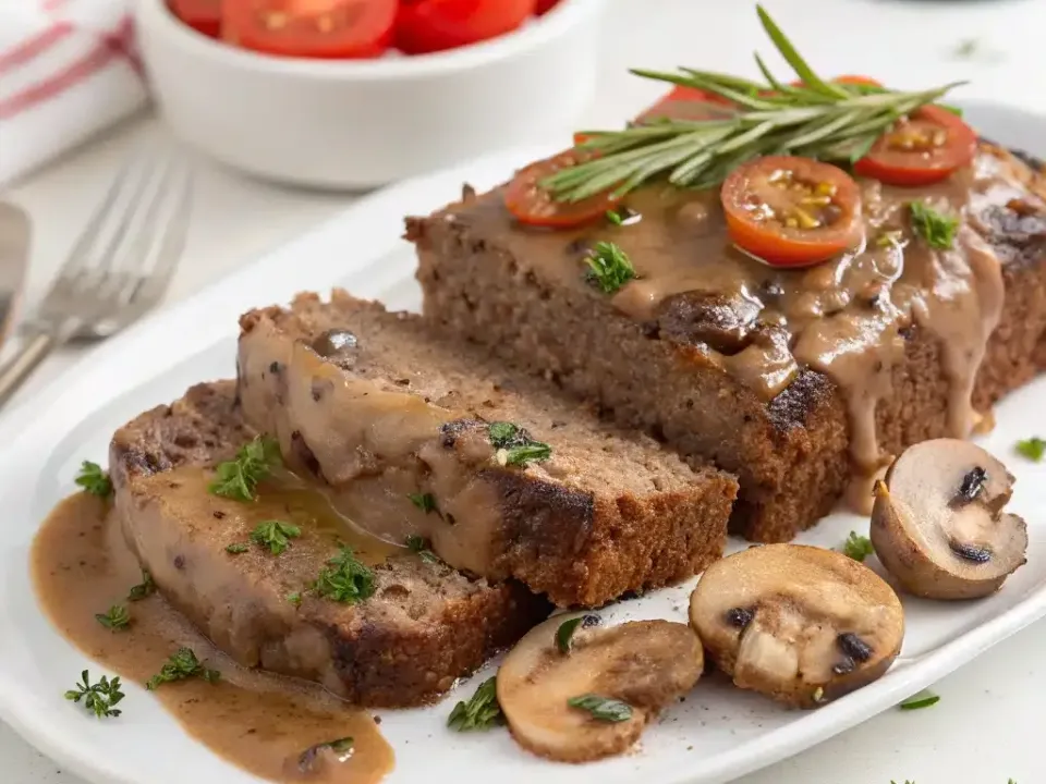 A browned sliced beef meatloaf under pale grey-brown mushroom gravy on a white oval platter, topped with tomato slices and rosemary with halved mushrooms alongside
