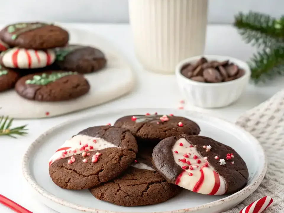 Dark chocolate cookies with crinkled tops on a white plate, each half-dipped in white chocolate with red candy-cane stripes and pink sprinkles