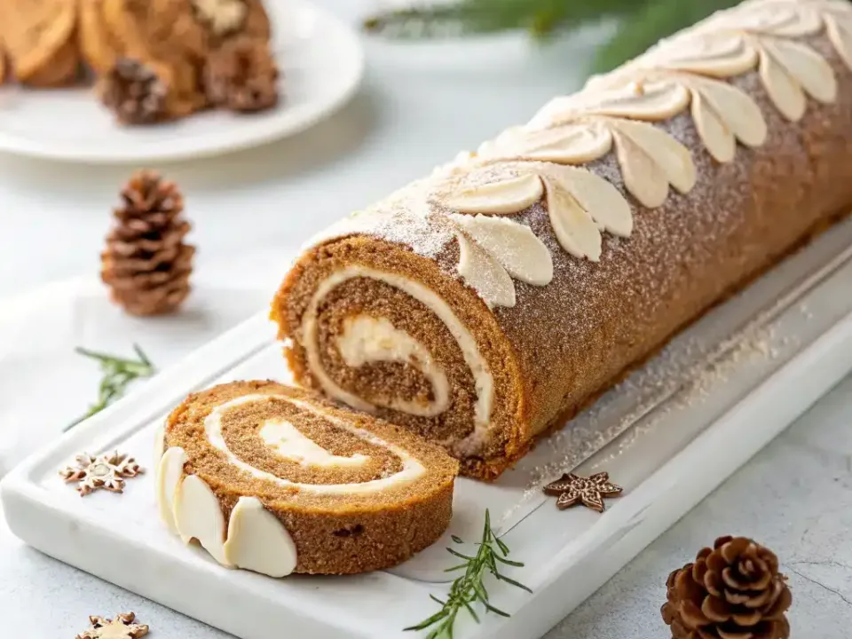 A mid-brown spiral-rolled sponge cake dusted with icing sugar, filled with thick pale cream and decorated along its length with piped cream, one cut slice showing the spiral