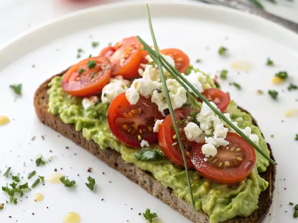 A thick slice of toasted bread spread with smashed avocado, topped with halved cherry tomatoes, crumbled white cheese, chives and a drizzle of oil