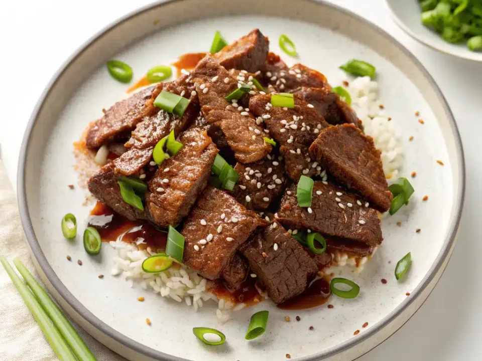 Mongolian beef with broccoli and green onions served over jasmine rice