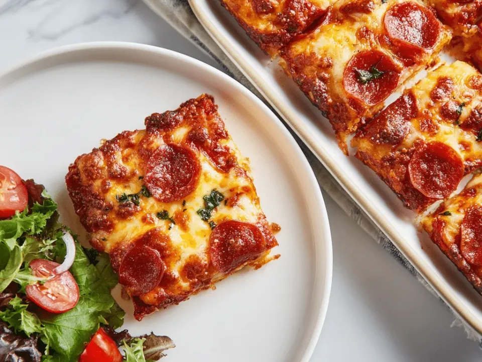 A flat rectangular sheet pan pizza with pepperoni and melted cheese, cut into squares