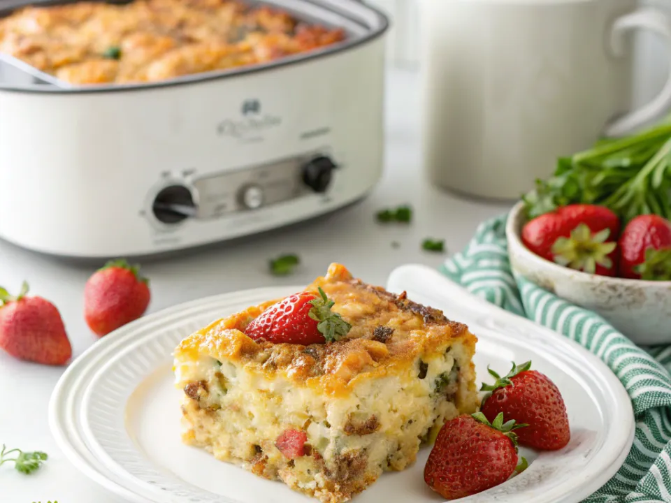 A plated square of breakfast casserole with egg, shredded potato, sausage and red pepper, with a white slow cooker holding the rest behind it