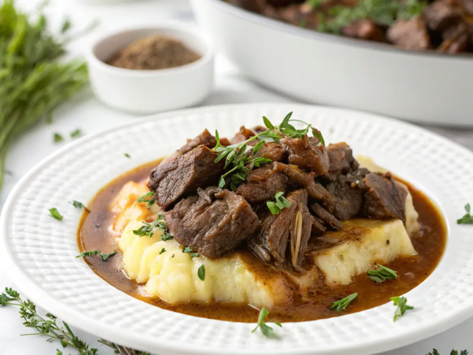 Shredded Mississippi pot roast in gravy served over mashed potatoes