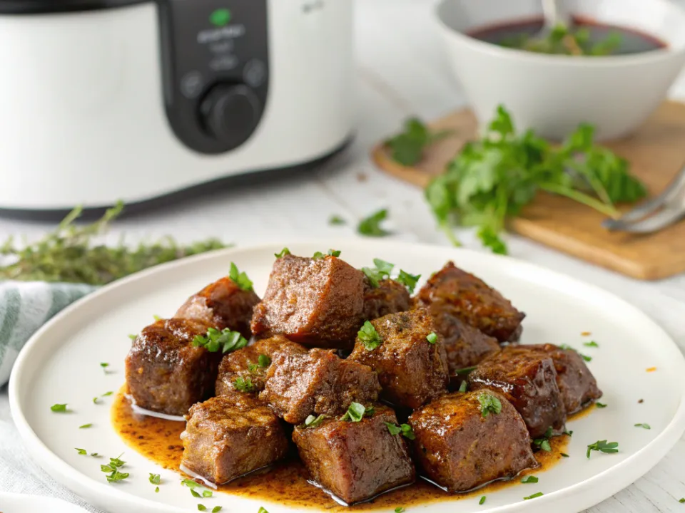 Browned one-inch beef cubes in a thin brown jus on a white plate with chopped parsley, a slow cooker behind