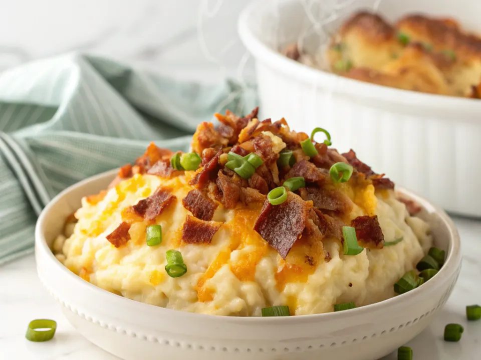Loaded mashed potato casserole topped with melted cheddar, bacon and green onions