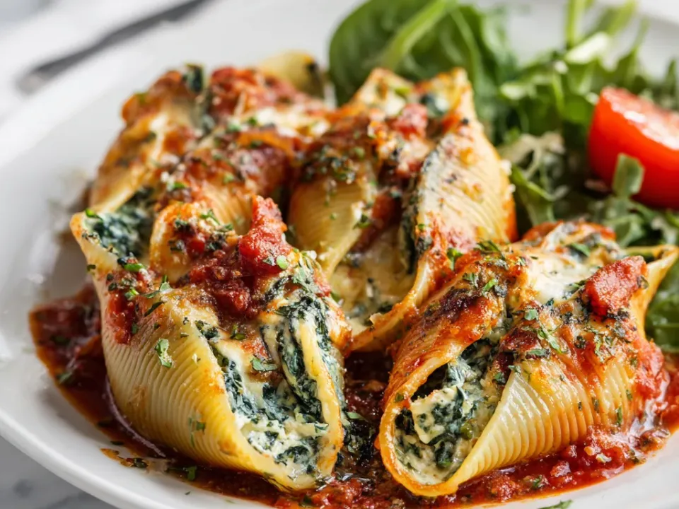 Jumbo pasta shells filled with white ricotta and green spinach under red marinara on a white plate, with a dressed green salad behind