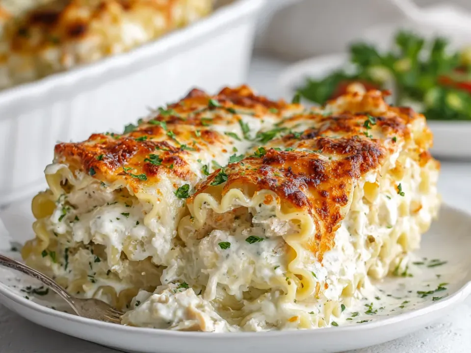 Chicken alfredo lasagna roll-ups topped with melted mozzarella and parsley