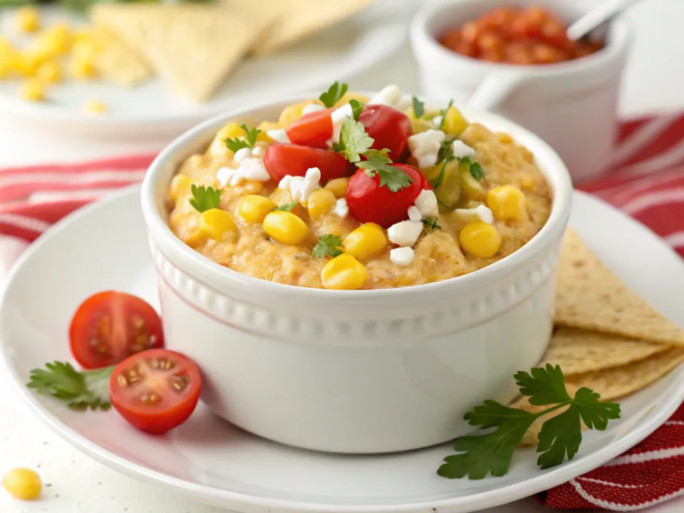 Slow cooker of creamy corn dip with visible kernels, red tomato flecks and diced jalapeño, scattered with chopped cilantro