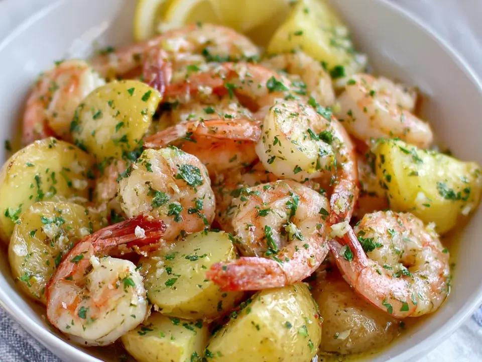 Pink shrimp among halved gold potatoes in a glossy garlic butter sauce with chopped parsley and lemon