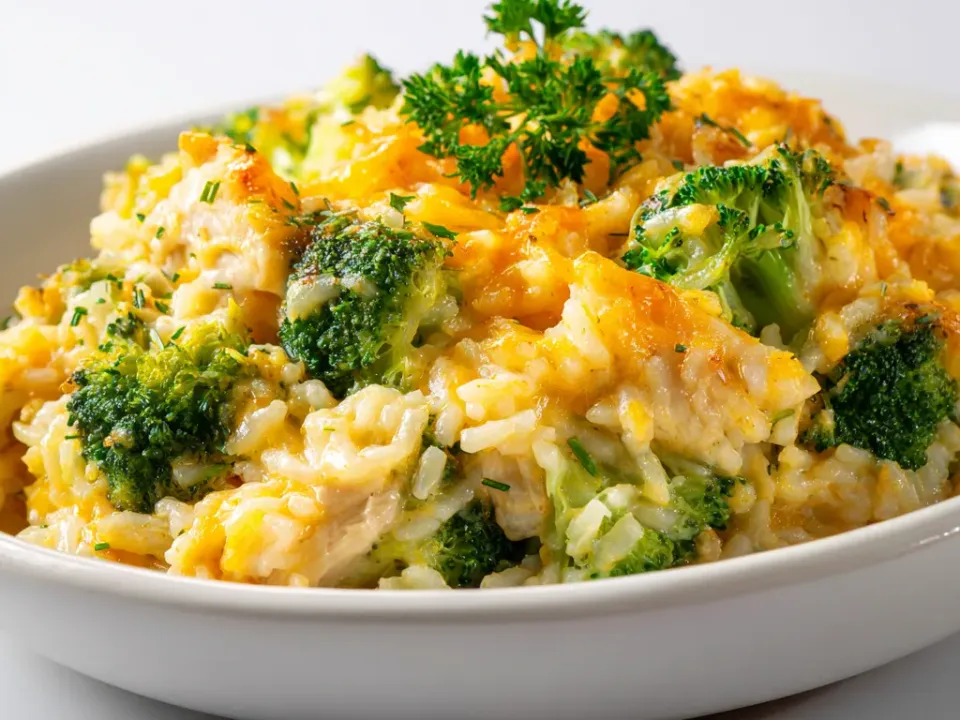 Pieces of chicken with white rice, bright green broccoli florets and melted cheddar in a bowl