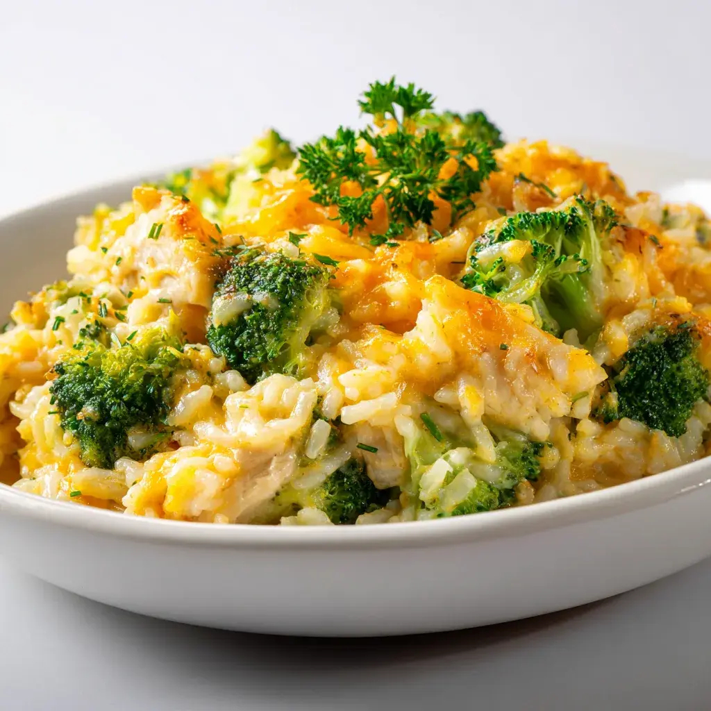 Pieces of chicken with white rice, bright green broccoli florets and melted cheddar in a bowl