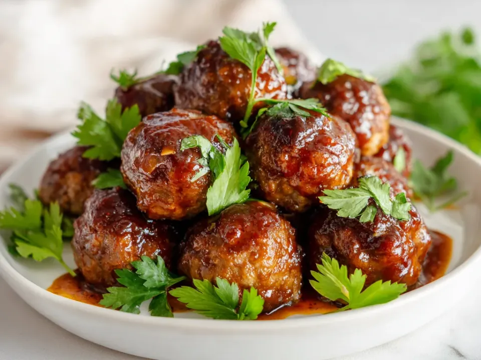 Slow cooker of glossy barbecue-glazed meatballs scattered with sliced green onions