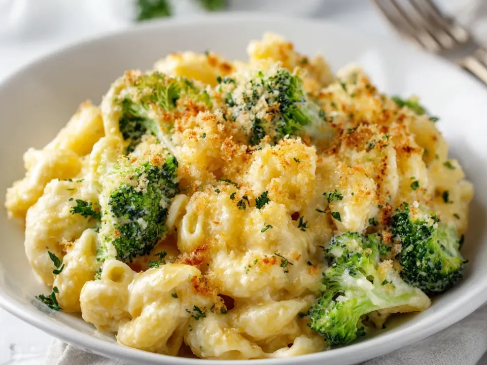 Elbow macaroni and broccoli florets in a pale white cheddar sauce topped with golden crumbs, in a white bowl