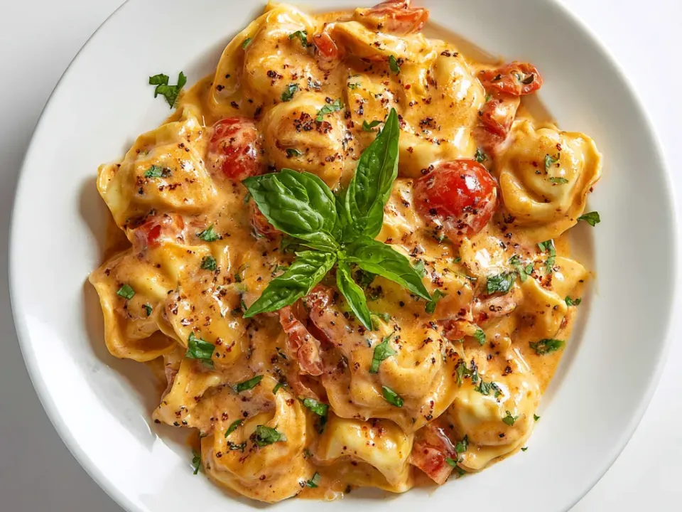Cheese tortellini in a creamy tomato sauce with halved cherry tomatoes and torn basil leaves