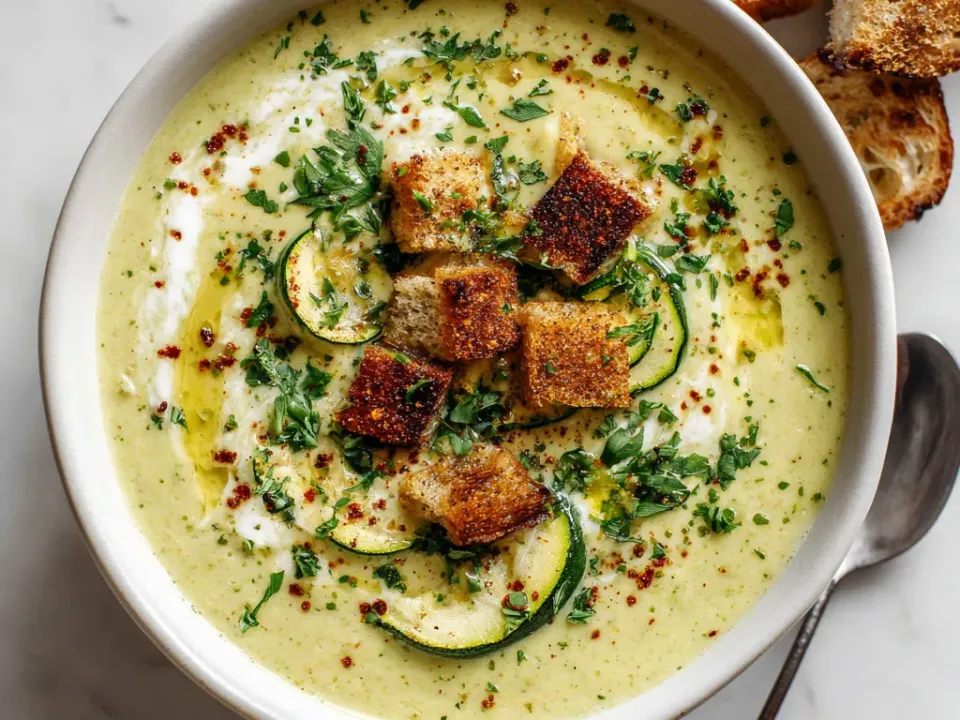 A smooth pale green blended soup in a white bowl topped with a cream swirl, sauteed zucchini rounds, golden croutons, chopped herbs and chilli flakes