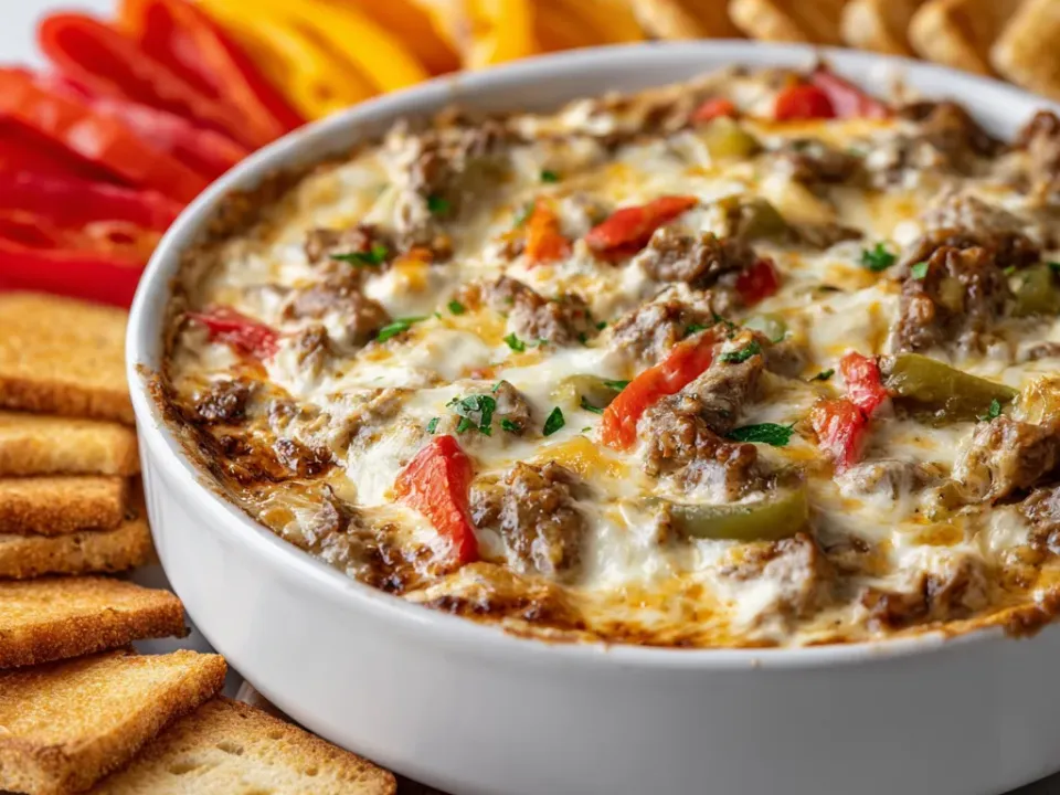 A white dish of Philly cheesesteak dip with melted cheese over shaved beef, red and green pepper, served with toasted baguette slices