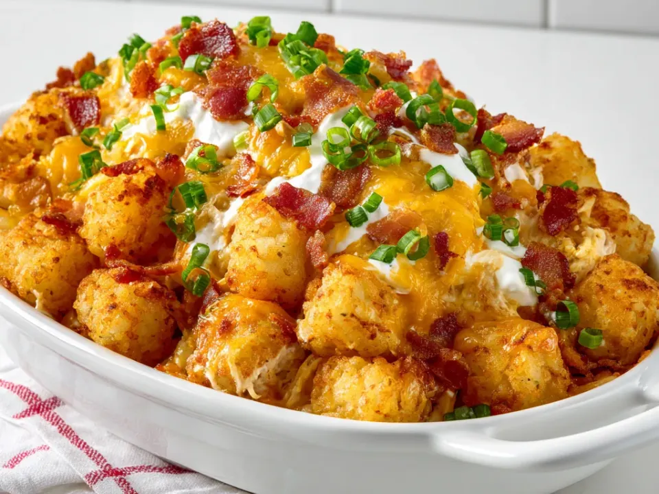 A white dish of golden tater tots over ranch chicken with melted cheddar, crumbled bacon, soured cream and sliced spring onion
