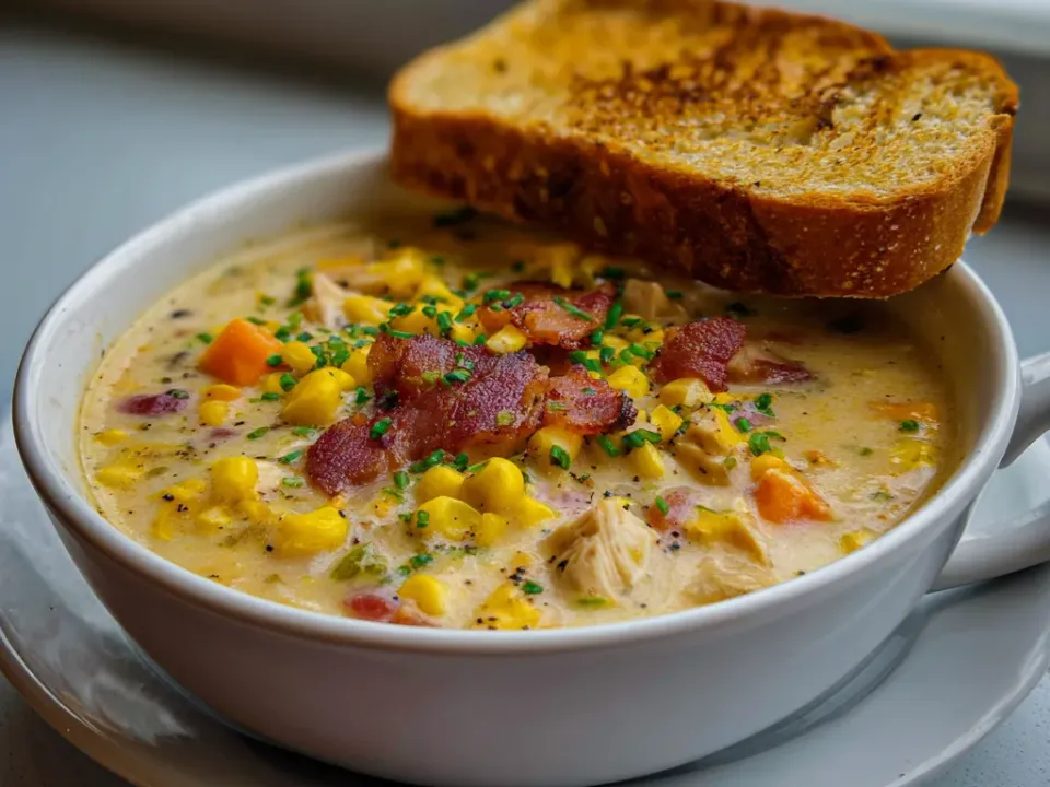 A white bowl of creamy chowder with corn, shredded chicken, bacon pieces, chives and carrot, with a slice of toast resting on the rim