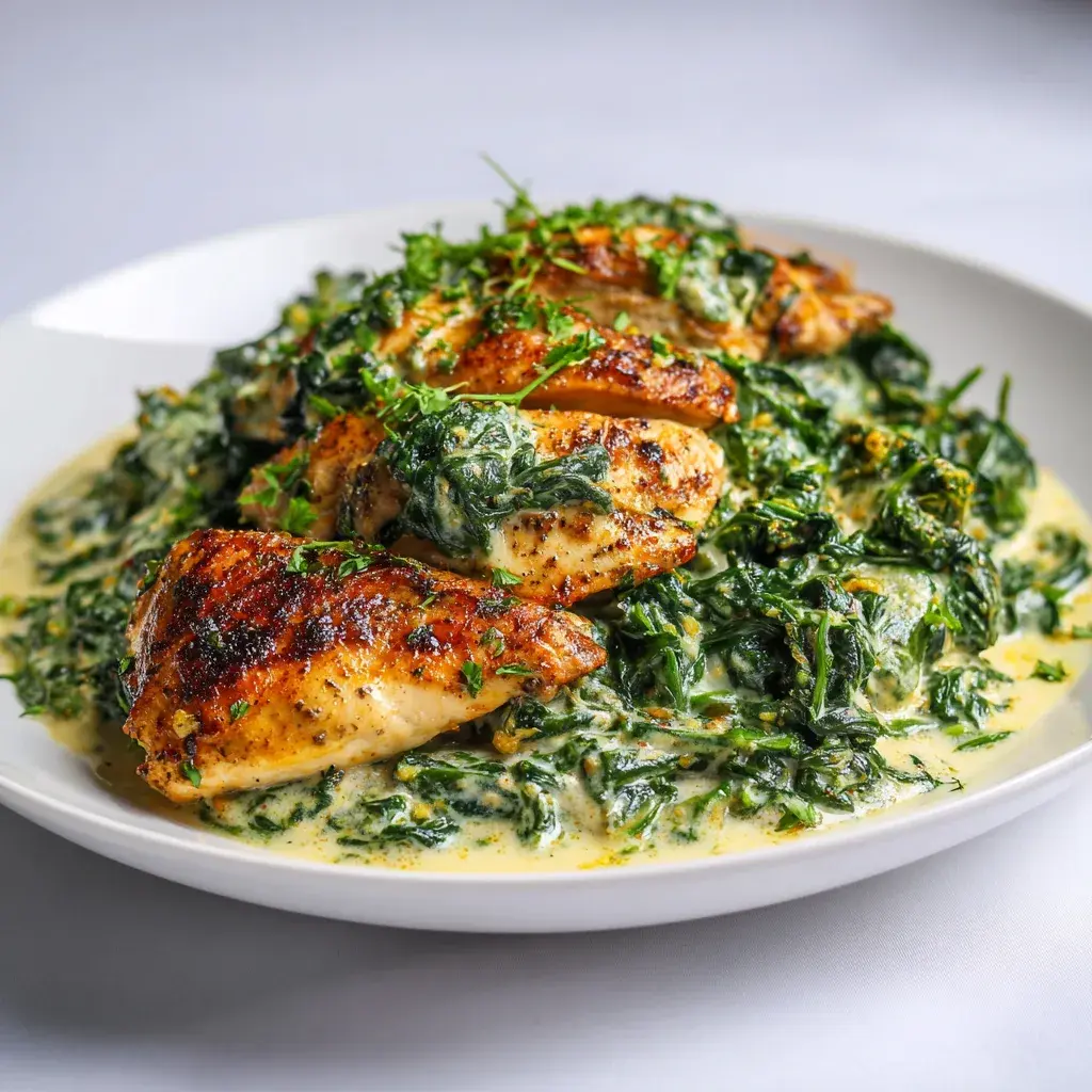Whole browned chicken breasts sliced over a bed of whole-leaf creamed spinach in a pale ivory sauce on a white plate, scattered with parsley