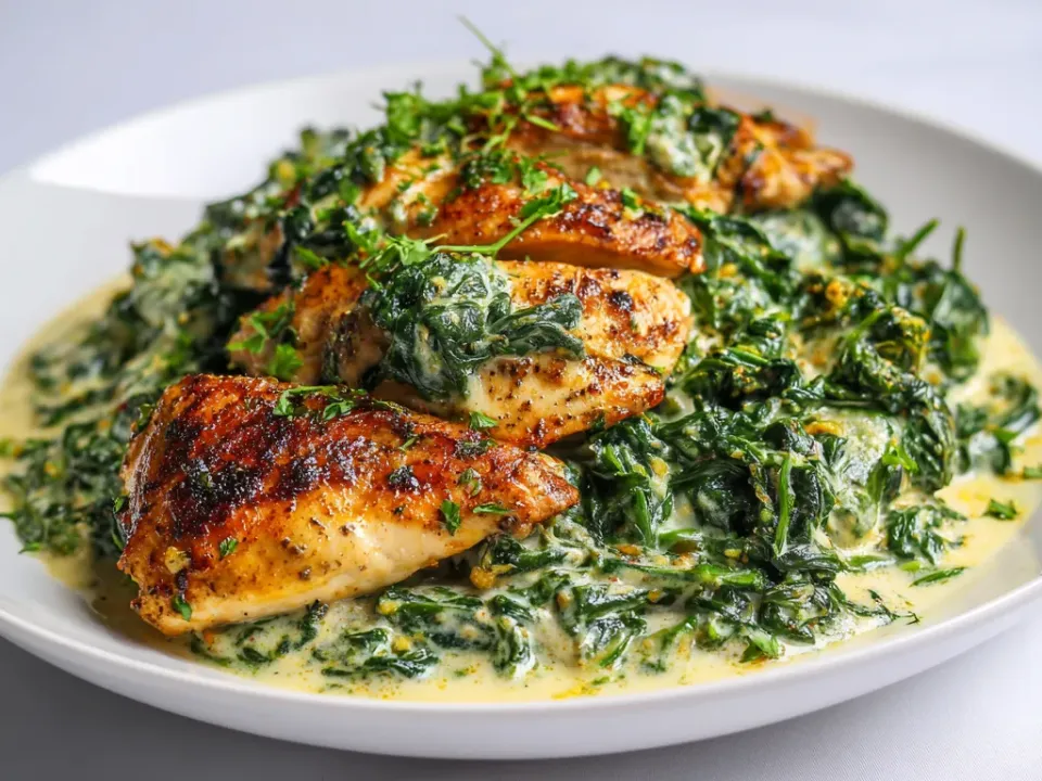 Whole browned chicken breasts sliced over a bed of whole-leaf creamed spinach in a pale ivory sauce on a white plate, scattered with parsley