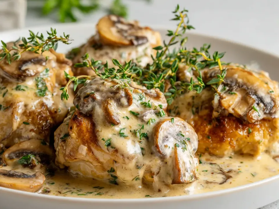 Creamy mushroom and thyme chicken served over mashed potatoes