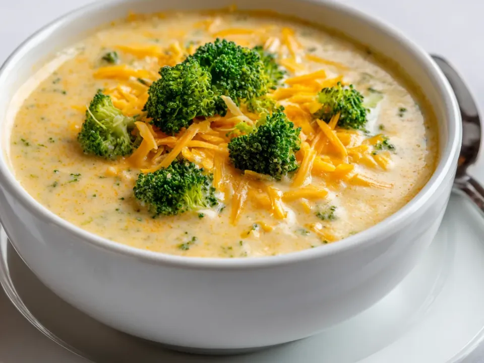 Bowl of cheddar broccoli potato soup with broccoli florets and shredded cheddar on top